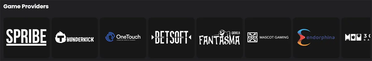 Game providers section displaying a row of casino software logos on a dark background, including Spribe, Thunderkick, OneTouch, Betsoft, Fantasma Games, Mascot Gaming, Endorphina, and 3 Oaks Gaming.